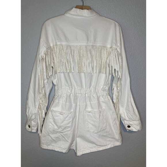 Main Strip Pants - Main Strip Gold Studded Fringe Cowgirl Denim Short Romper Size M Off White Boho